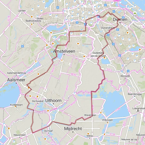 Map miniature of "Waver and Amstelveen Gravel Ride" cycling inspiration in Noord-Holland, Netherlands. Generated by Tarmacs.app cycling route planner