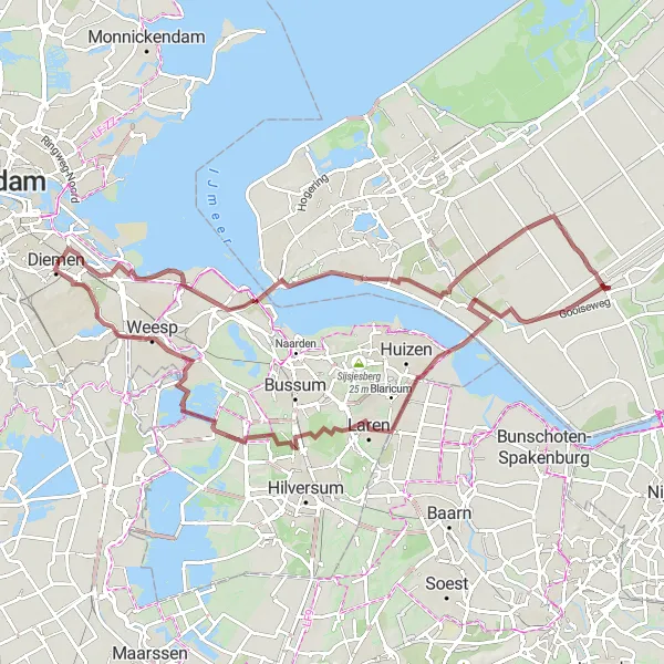 Miniatuurkaart van de fietsinspiratie "Gravelroute rond Eemmeer en Gooimeer" in Noord-Holland, Netherlands. Gemaakt door de Tarmacs.app fietsrouteplanner