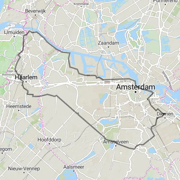 Map miniature of "Amstelveen and Amsterdam Road Trip" cycling inspiration in Noord-Holland, Netherlands. Generated by Tarmacs.app cycling route planner