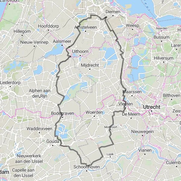 Miniatuurkaart van de fietsinspiratie "Wegroute langs de Krimpenerwaard en Aarlanderveen" in Noord-Holland, Netherlands. Gemaakt door de Tarmacs.app fietsrouteplanner