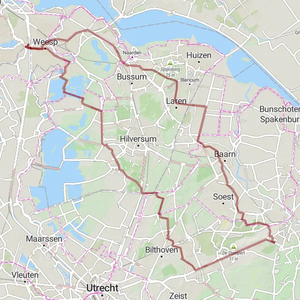 Map miniature of "Weesp, Trapjesberg, IJskelder, Uitzichtheuvel Birkhoven, Huis ter Heide, Keienhuisje, Hollandsche Rading, Driemond" cycling inspiration in Noord-Holland, Netherlands. Generated by Tarmacs.app cycling route planner