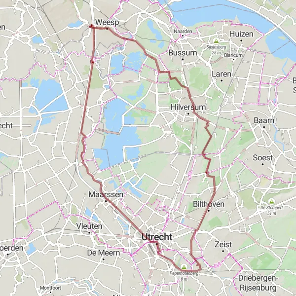 Map miniature of "De Horn, Heksenweitje, Bilthoven, Vechten, Begraafplaats Kovelswade, Kasteel Nijenrode, Driemond" cycling inspiration in Noord-Holland, Netherlands. Generated by Tarmacs.app cycling route planner