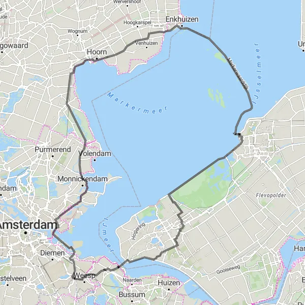 Map miniature of "Driemond, vogelkijkscherm, Monnickendam, Scharwoude, Blokdijk, Naviduct Krabbersgat, De Machine, Hakkelaarsbrug" cycling inspiration in Noord-Holland, Netherlands. Generated by Tarmacs.app cycling route planner