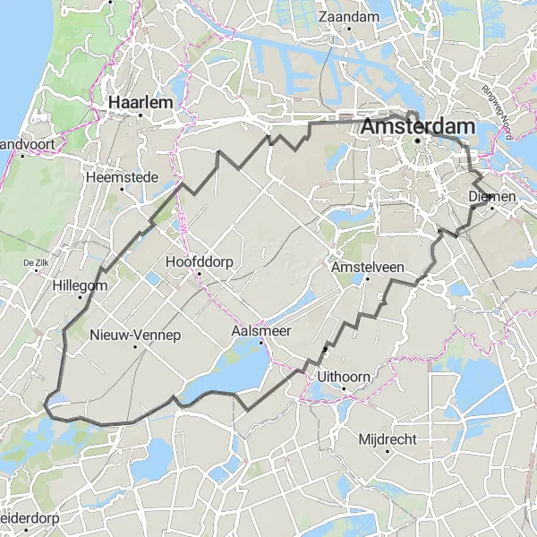 Map miniature of "The Historic Route" cycling inspiration in Noord-Holland, Netherlands. Generated by Tarmacs.app cycling route planner