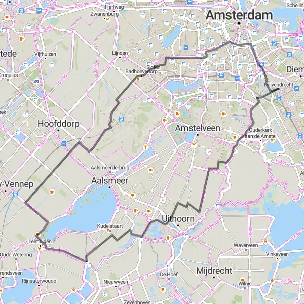 Map miniature of "Road Route: Duivendrecht and Heart of the Dutch Countryside" cycling inspiration in Noord-Holland, Netherlands. Generated by Tarmacs.app cycling route planner