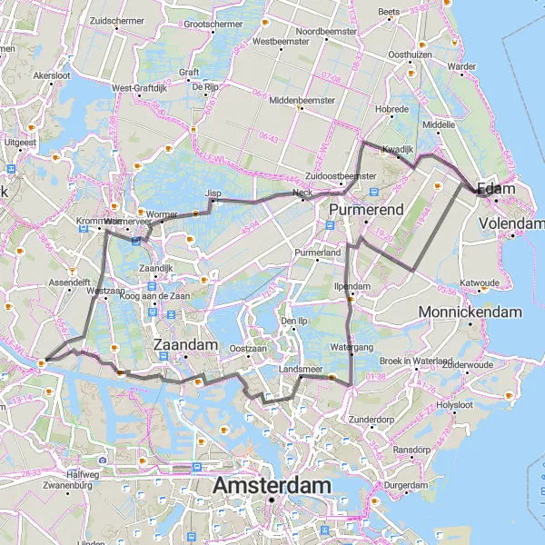 Miniatuurkaart van de fietsinspiratie "Purmer - Landsmeer - Vrouwenverdriet - Jisp - Edam" in Noord-Holland, Netherlands. Gemaakt door de Tarmacs.app fietsrouteplanner