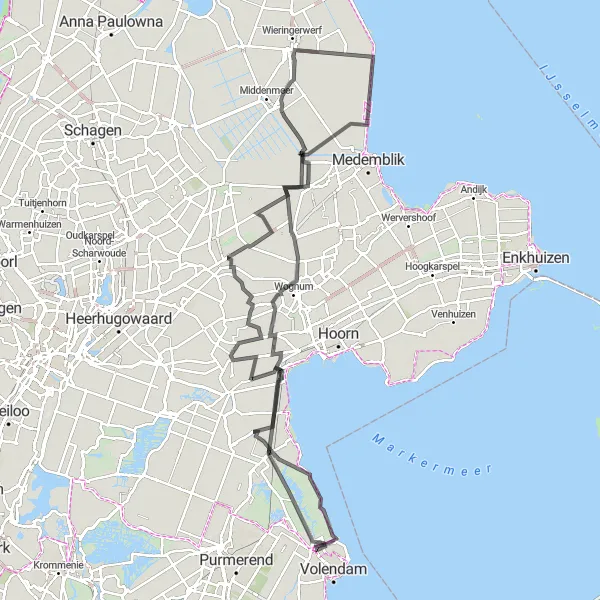 Miniatuurkaart van de fietsinspiratie "Oosteinde - Abbekerk - Lambertschaag - Zuidermeer - De Hulk - Warder - Edam" in Noord-Holland, Netherlands. Gemaakt door de Tarmacs.app fietsrouteplanner