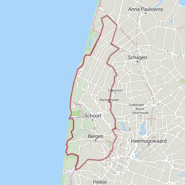 Map miniature of "Dune and Countryside Gravel Adventure" cycling inspiration in Noord-Holland, Netherlands. Generated by Tarmacs.app cycling route planner