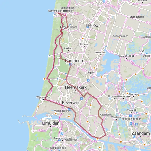 Miniatuurkaart van de fietsinspiratie "Rondrit door Noord-Hollandse duinen en polders" in Noord-Holland, Netherlands. Gemaakt door de Tarmacs.app fietsrouteplanner