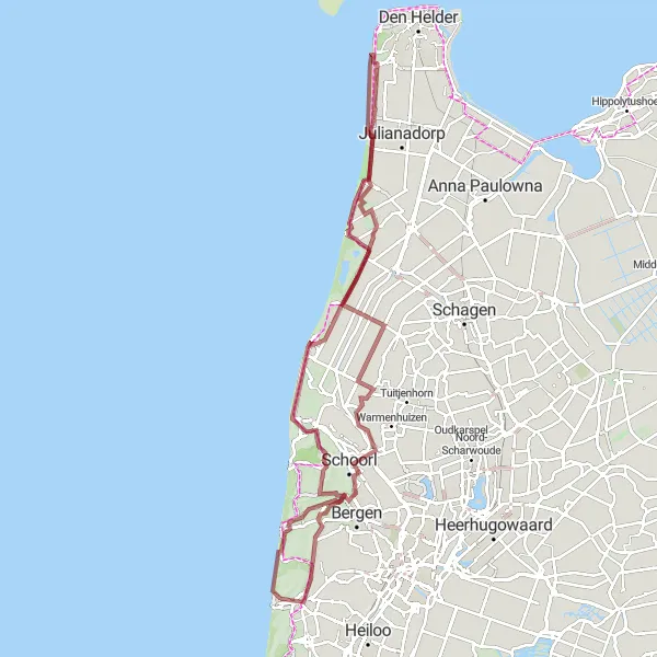 Miniatuurkaart van de fietsinspiratie "Gravel route langs duinen en dorpen" in Noord-Holland, Netherlands. Gemaakt door de Tarmacs.app fietsrouteplanner