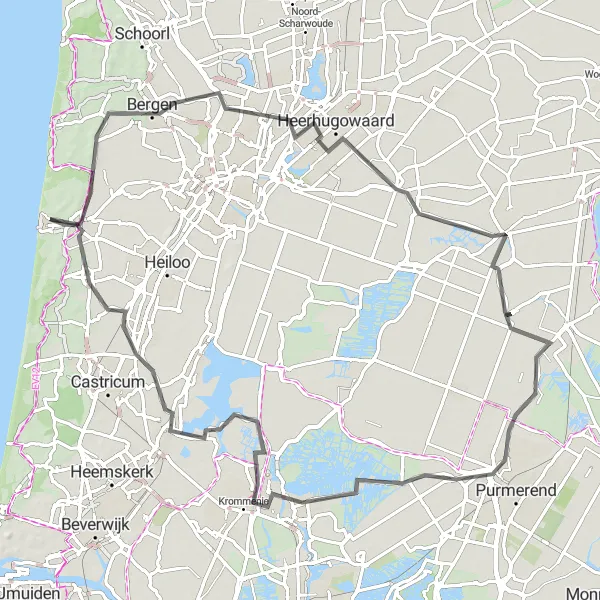 Miniatuurkaart van de fietsinspiratie "Route langs Bergen en groene landschappen" in Noord-Holland, Netherlands. Gemaakt door de Tarmacs.app fietsrouteplanner