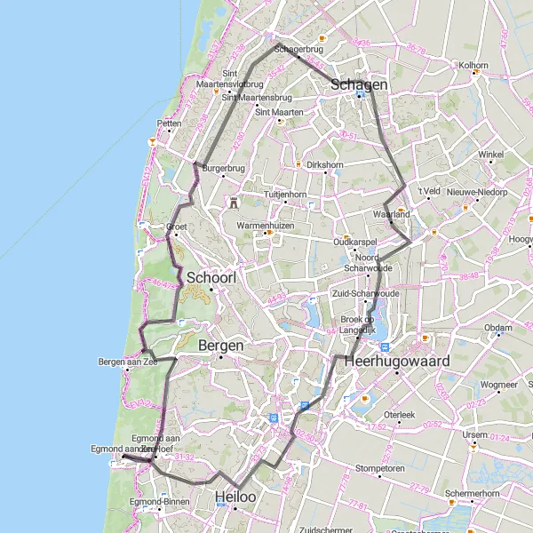 Miniatuurkaart van de fietsinspiratie "Historische dorpen en weidse polders" in Noord-Holland, Netherlands. Gemaakt door de Tarmacs.app fietsrouteplanner