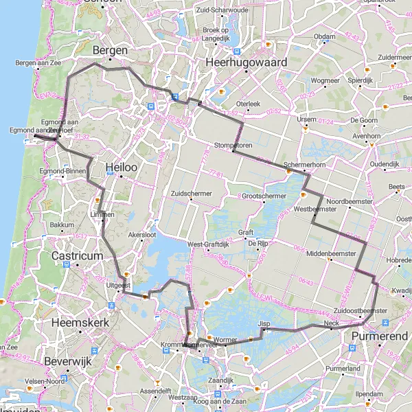 Map miniature of "Journey into Dutch History" cycling inspiration in Noord-Holland, Netherlands. Generated by Tarmacs.app cycling route planner