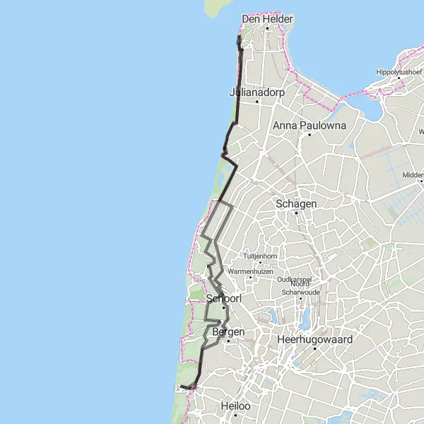 Map miniature of "Coastal Beauty and Dune Expedition" cycling inspiration in Noord-Holland, Netherlands. Generated by Tarmacs.app cycling route planner