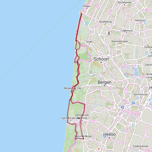 Map miniature of "Coastal Escape" cycling inspiration in Noord-Holland, Netherlands. Generated by Tarmacs.app cycling route planner