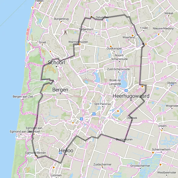 Miniatuurkaart van de fietsinspiratie "Kustroute langs Klimduin en Heiloo" in Noord-Holland, Netherlands. Gemaakt door de Tarmacs.app fietsrouteplanner