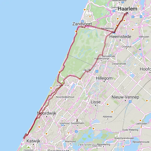 Miniatuurkaart van de fietsinspiratie "Duinen, kust en historie in Noord-Holland" in Noord-Holland, Netherlands. Gemaakt door de Tarmacs.app fietsrouteplanner