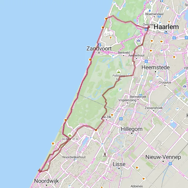 Map miniature of "Bloemendaal Gravel Adventure" cycling inspiration in Noord-Holland, Netherlands. Generated by Tarmacs.app cycling route planner