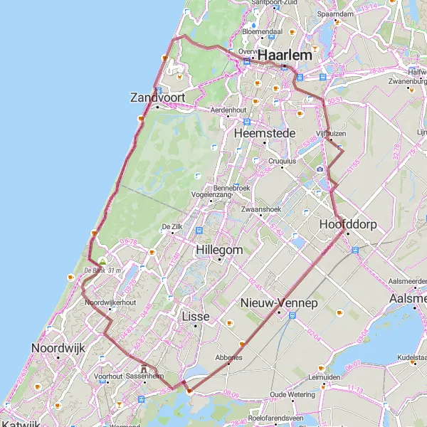 Miniatuurkaart van de fietsinspiratie "Duin en Gravel Route" in Noord-Holland, Netherlands. Gemaakt door de Tarmacs.app fietsrouteplanner