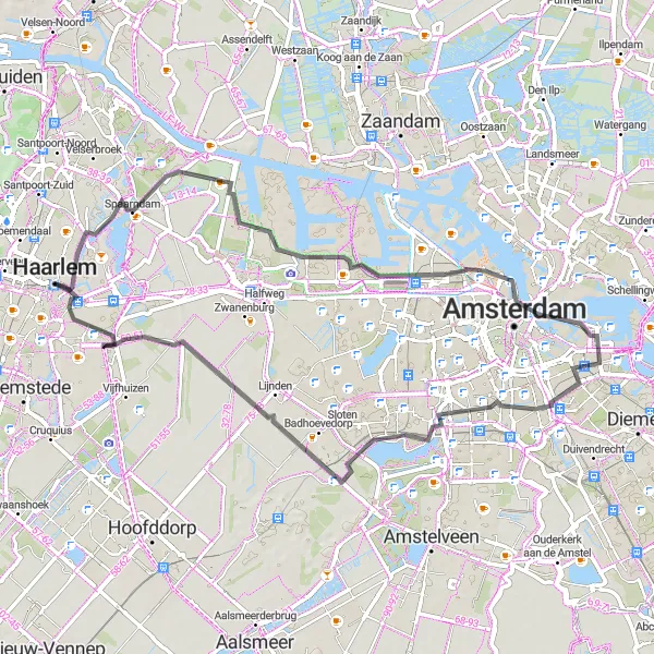 Map miniature of "Spaarndam Road Loop" cycling inspiration in Noord-Holland, Netherlands. Generated by Tarmacs.app cycling route planner