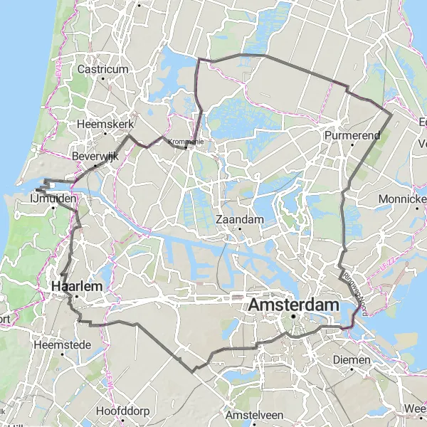 Map miniature of "Coastal Delight: Bloemendaal to Stadhuis Haarlem" cycling inspiration in Noord-Holland, Netherlands. Generated by Tarmacs.app cycling route planner