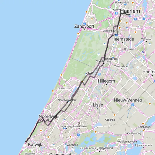 Miniatuurkaart van de fietsinspiratie "Kustlijn en Bloemen Route" in Noord-Holland, Netherlands. Gemaakt door de Tarmacs.app fietsrouteplanner