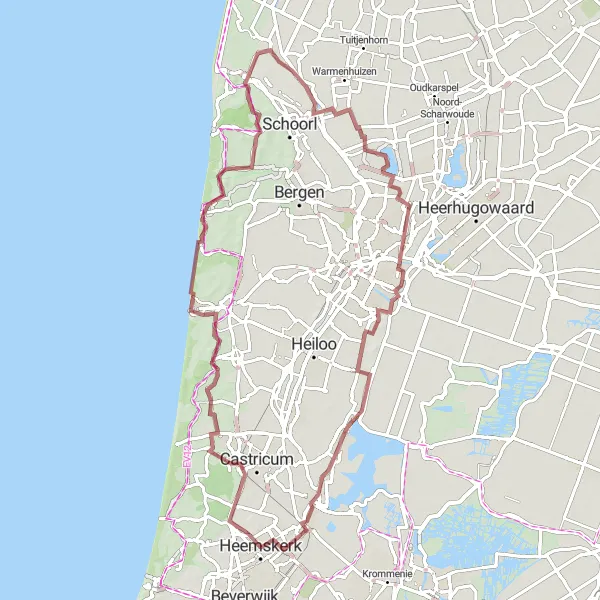 Miniatuurkaart van de fietsinspiratie "Scenic Route naar Schoorldam" in Noord-Holland, Netherlands. Gemaakt door de Tarmacs.app fietsrouteplanner