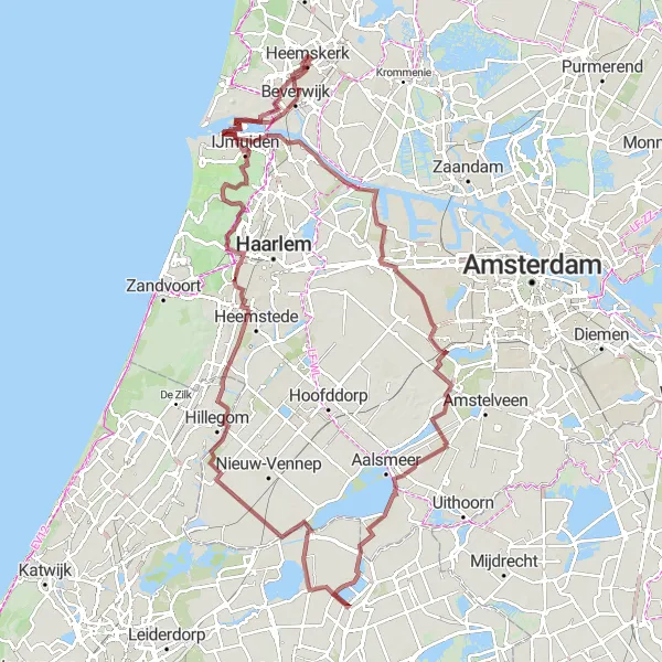 Map miniature of "Coastal Gravel Exploration" cycling inspiration in Noord-Holland, Netherlands. Generated by Tarmacs.app cycling route planner