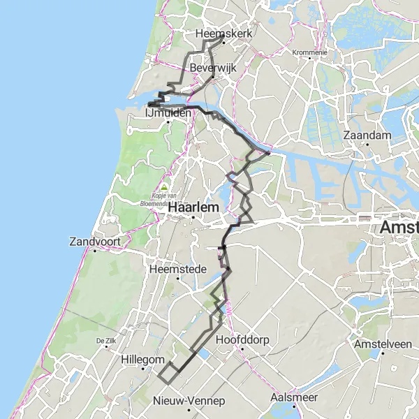 Map miniature of "Super Scenic Loop of Heemskerk" cycling inspiration in Noord-Holland, Netherlands. Generated by Tarmacs.app cycling route planner