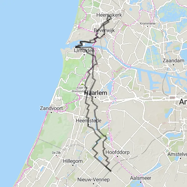 Map miniature of "Coastal Marvels of Velsen-Noord" cycling inspiration in Noord-Holland, Netherlands. Generated by Tarmacs.app cycling route planner