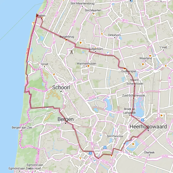 Map miniature of "Bergen Gravel Adventure" cycling inspiration in Noord-Holland, Netherlands. Generated by Tarmacs.app cycling route planner