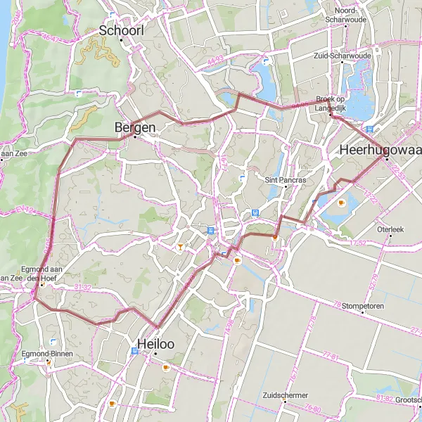 Map miniature of "Heerhugowaard - Alkmaar - Kattenberg - Wimmenum - Heerhugowaard" cycling inspiration in Noord-Holland, Netherlands. Generated by Tarmacs.app cycling route planner