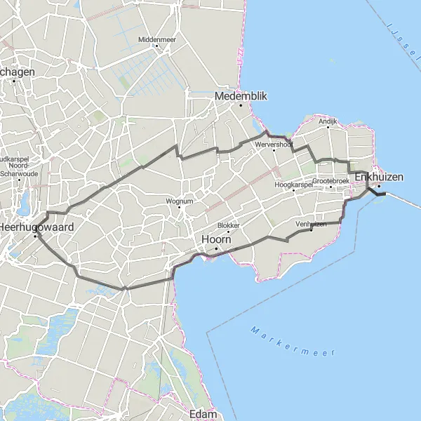 Map miniature of "Heerhugowaard - Berkmeer - Oostwoud - Naviduct Krabbersgat - Broekerhaven - Schietheuvel - Scharwoude - Rustenburg" cycling inspiration in Noord-Holland, Netherlands. Generated by Tarmacs.app cycling route planner