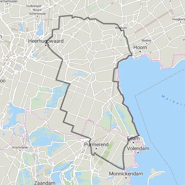 Map miniature of "Heerhugowaard - Wadway - Schardam - Zedde - Zuidoostbeemster - 't Kruis" cycling inspiration in Noord-Holland, Netherlands. Generated by Tarmacs.app cycling route planner