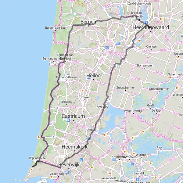 Map miniature of "Heerhugowaard - Adventure Hill - Akersloot - Wijk aan Zee - Wimmenum - Broek op Langedijk" cycling inspiration in Noord-Holland, Netherlands. Generated by Tarmacs.app cycling route planner