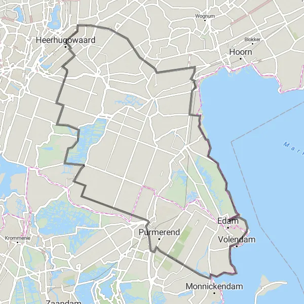 Map miniature of "Heerhugowaard - De Hulk - Edam - Katwoude - Raadhuis Graft - Oterleek" cycling inspiration in Noord-Holland, Netherlands. Generated by Tarmacs.app cycling route planner