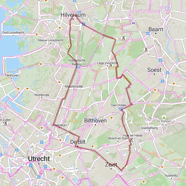 Miniatuurkaart van de fietsinspiratie "Hilversum - Keienhuisje - Zandbergen - Hollandsche Rading" in Noord-Holland, Netherlands. Gemaakt door de Tarmacs.app fietsrouteplanner