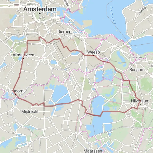 Miniatuurkaart van de fietsinspiratie "Oud-Loosdrecht - Waverveen - Duivendrecht - Heksenweitje - Hilversum" in Noord-Holland, Netherlands. Gemaakt door de Tarmacs.app fietsrouteplanner