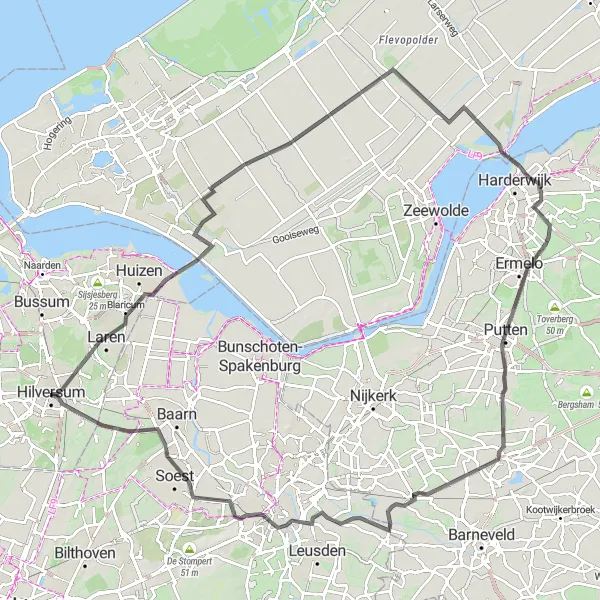 Map miniature of "Hilversum to Laren and Veluwemeer Loop" cycling inspiration in Noord-Holland, Netherlands. Generated by Tarmacs.app cycling route planner