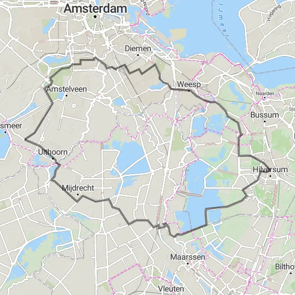 Map miniature of "Hilversum to Breukeleveen Loop" cycling inspiration in Noord-Holland, Netherlands. Generated by Tarmacs.app cycling route planner