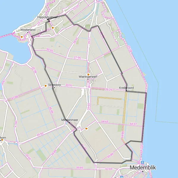 Map miniature of "Wierholt and Oosterklief Loop" cycling inspiration in Noord-Holland, Netherlands. Generated by Tarmacs.app cycling route planner