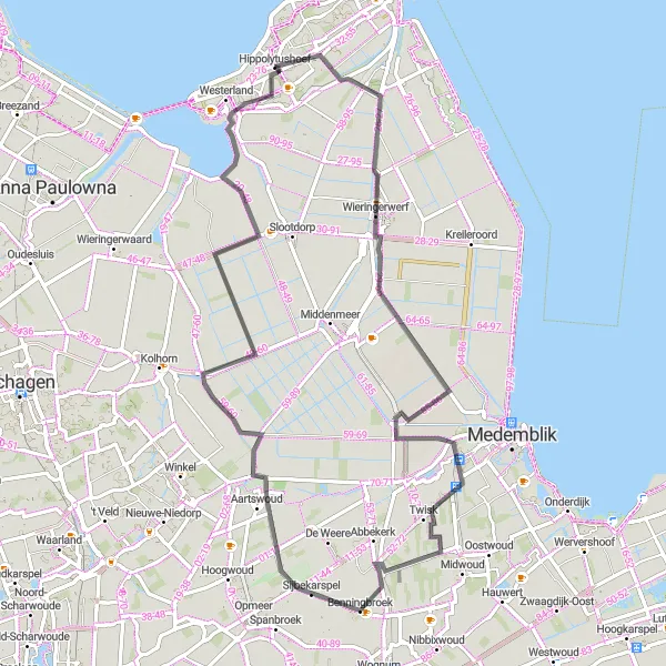 Map miniature of "Wieringerwerf and Gouwe Circuit" cycling inspiration in Noord-Holland, Netherlands. Generated by Tarmacs.app cycling route planner