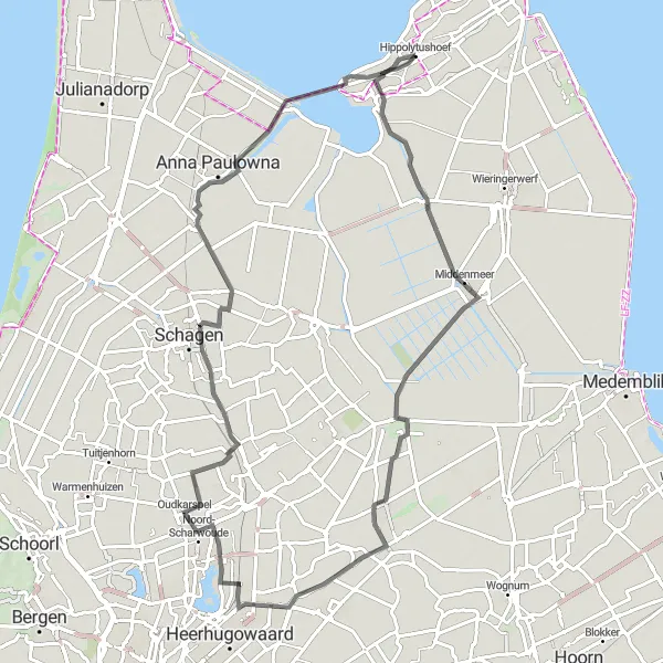 Map miniature of "Middenmeer, Hoogwoud, and Oudesluis Loop" cycling inspiration in Noord-Holland, Netherlands. Generated by Tarmacs.app cycling route planner