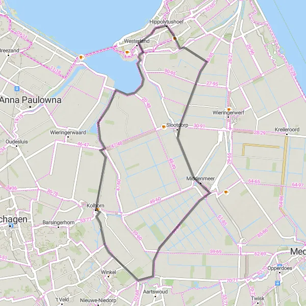 Map miniature of "Middenmeer and De Strook Loop" cycling inspiration in Noord-Holland, Netherlands. Generated by Tarmacs.app cycling route planner