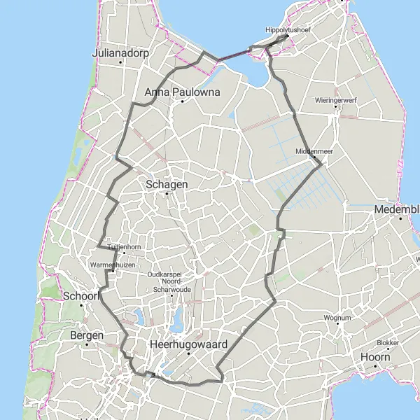 Miniatuurkaart van de fietsinspiratie "Langs Middenmeer, Hensbroek, Koedijk en Sint Maartensbrug" in Noord-Holland, Netherlands. Gemaakt door de Tarmacs.app fietsrouteplanner