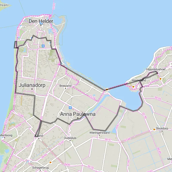 Map miniature of "The Coastal Escape" cycling inspiration in Noord-Holland, Netherlands. Generated by Tarmacs.app cycling route planner