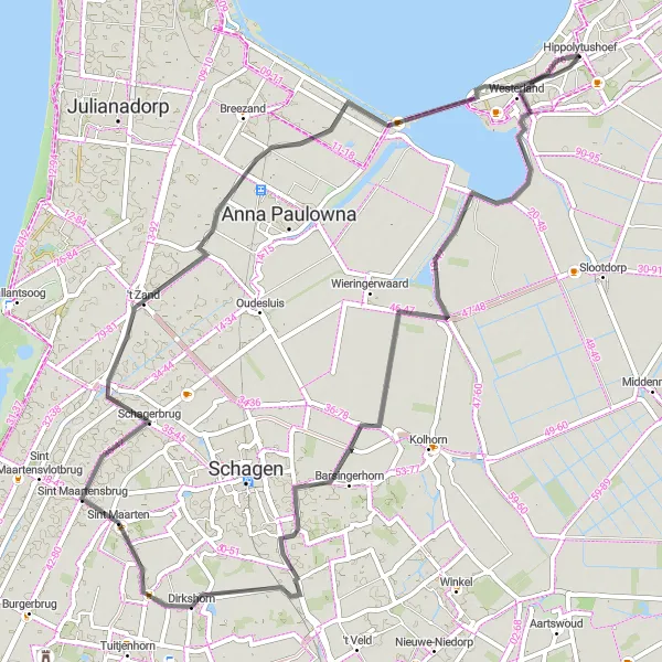 Map miniature of "Idyllic 't Zand Route" cycling inspiration in Noord-Holland, Netherlands. Generated by Tarmacs.app cycling route planner