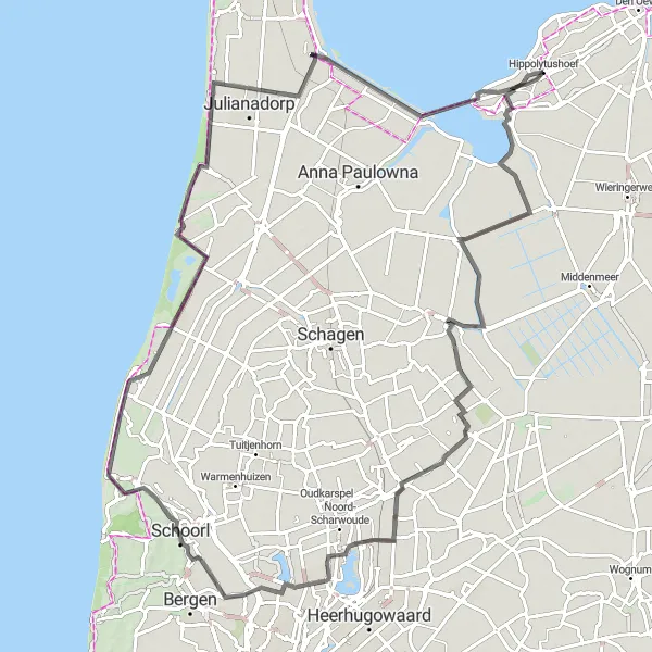 Miniatuurkaart van de fietsinspiratie "Avontuur door De Strook, Zuid-Scharwoude en Groote Keeten vanuit Hippolytushoef" in Noord-Holland, Netherlands. Gemaakt door de Tarmacs.app fietsrouteplanner