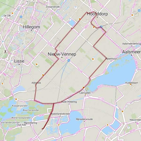 Map miniature of "Hoofddorp and Abbenes Gravel Route" cycling inspiration in Noord-Holland, Netherlands. Generated by Tarmacs.app cycling route planner