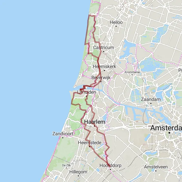 Miniatuurkaart van de fietsinspiratie "Gravelroute Hoofddorp - Egmond aan Zee" in Noord-Holland, Netherlands. Gemaakt door de Tarmacs.app fietsrouteplanner